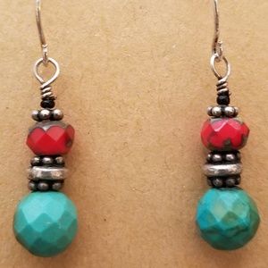 Faceted Turquoise & Red Coral .925 Silver Earrings